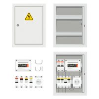 Electrical power switch panel with open and close door. Fuse box. Isolated vector illustration in flat style on white background